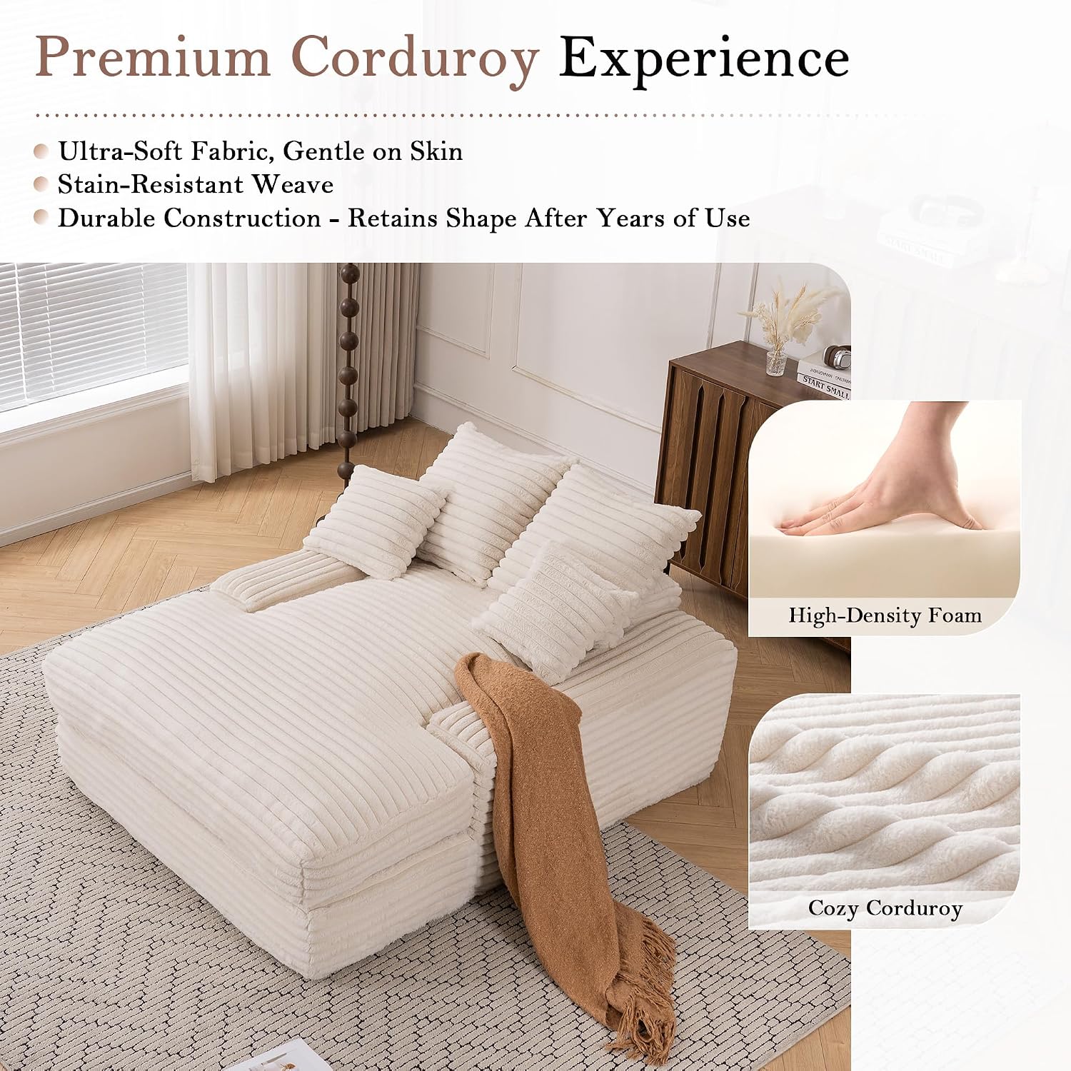 KEIKI 53.94'' Luxury Corduroy Convertible Chaise Lounge Chair with 4 Pillows, Ultra-Soft Sofa Bed, No Assembly Required, Ergonomic Recliner for Living Room, Apartment & Small Spaces, Beige