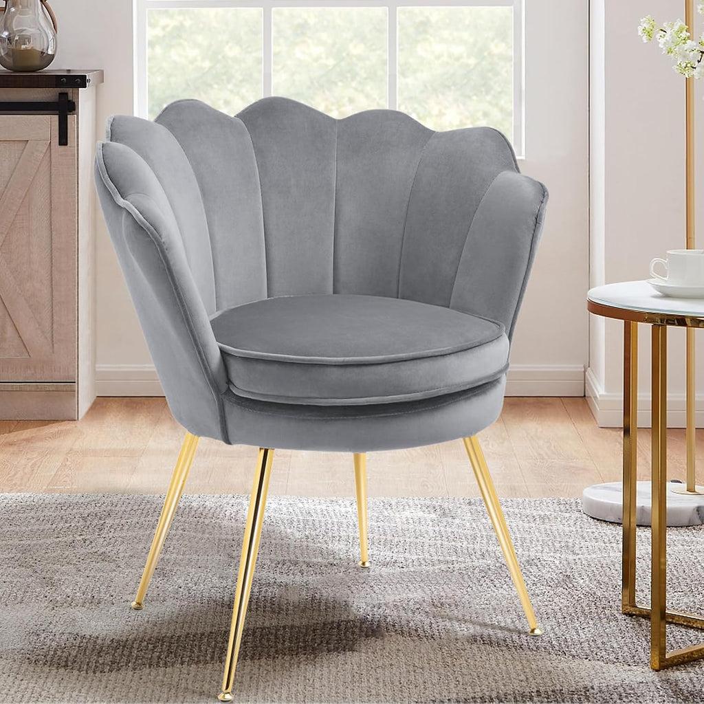Czlolo Accent Chairs Set of 2 for Living Room, Velvet Upholstered Makeup Room Vanity Chair with Back, Golden Metal Legs Small Accent Side Chair for Bedroom, Cloud Chair Set, 2 Pcs Light Grey