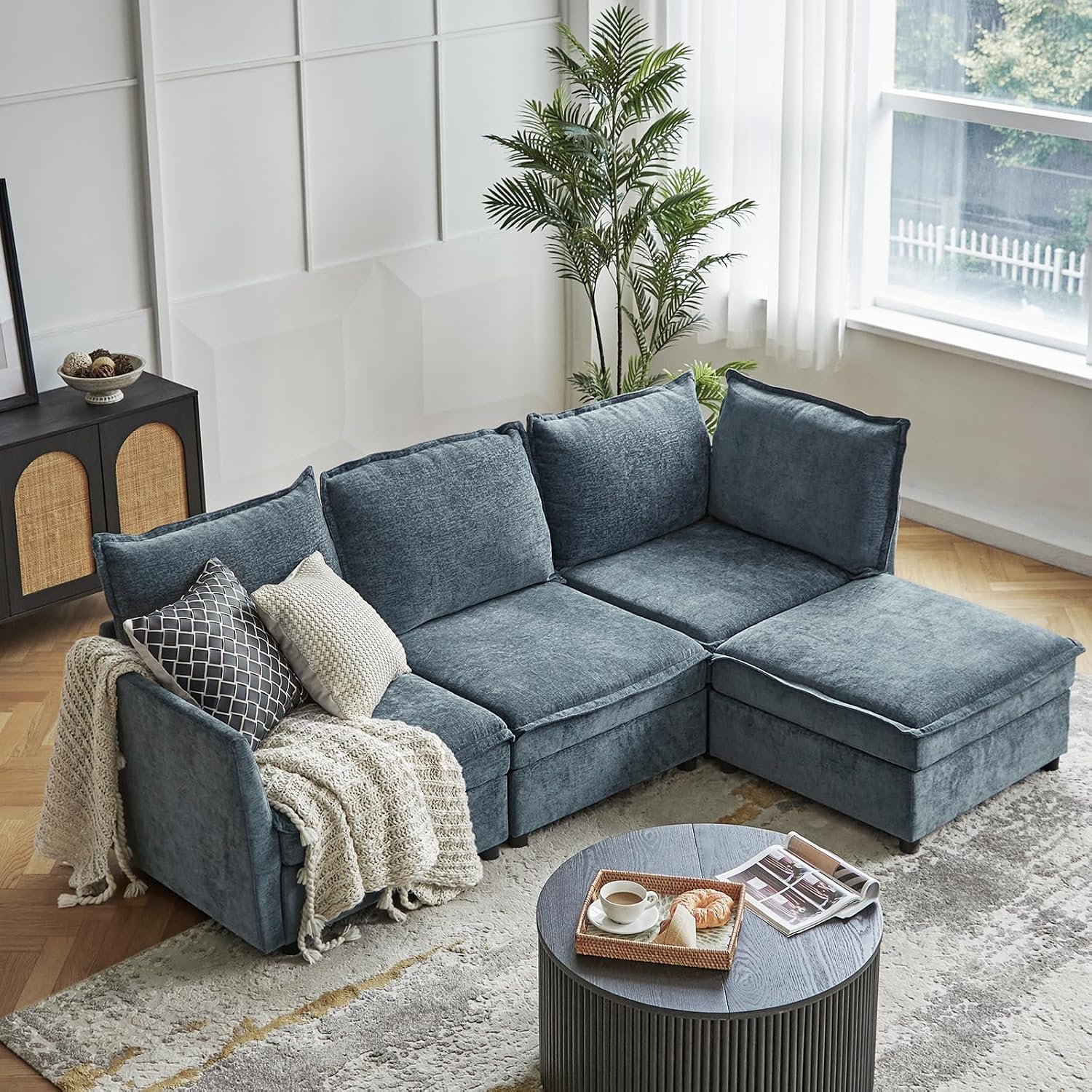 HULALA HOME 97'' Modular Sectional Sofa, L Shaped Couch with Storage Ottoman, Comfy Chenille Sofa with Deep Seat, 4 Seat Convertible Sectional Couches for Living Room, Blue