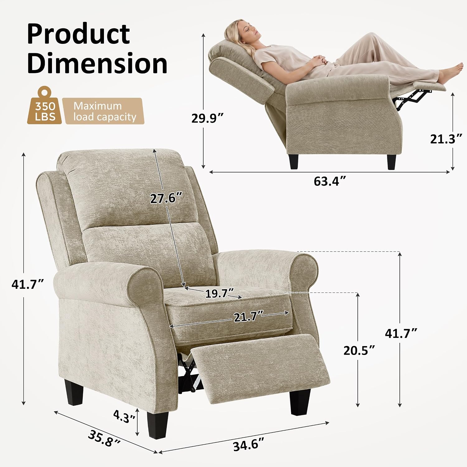 Oversized Recliner Chair, Push Back Recliner Chair with Padded Seat, Comfy Chenille Reclining Armchair, Upholstered Single Sofa for Living Room, Bedroom, Nursery, Reading
