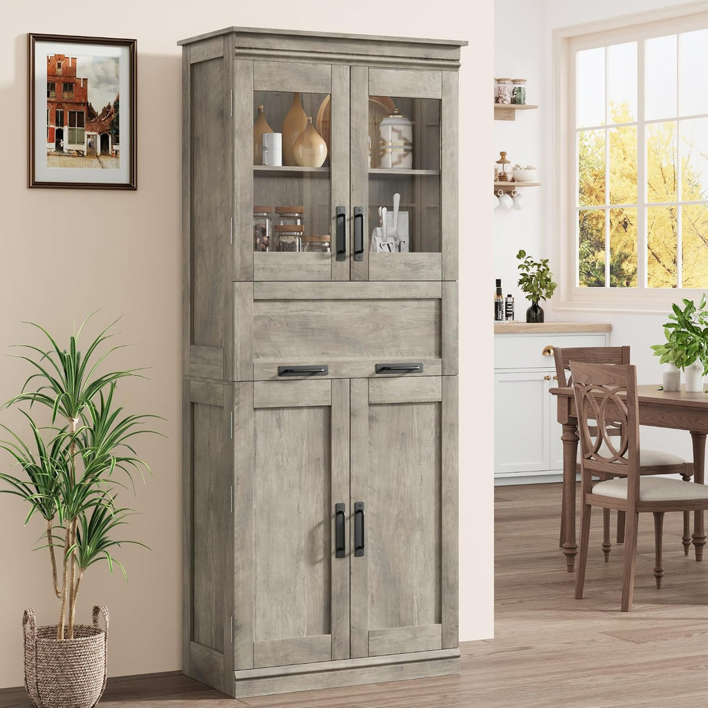 GarveeHome 67' Tall Bathroom Cabinet with 4 Doors & Flip Glass Drawer, Storage Cabinet with Adjustable Shelves, Freestanding Organizer for Kitchen, Living Room (Oak)