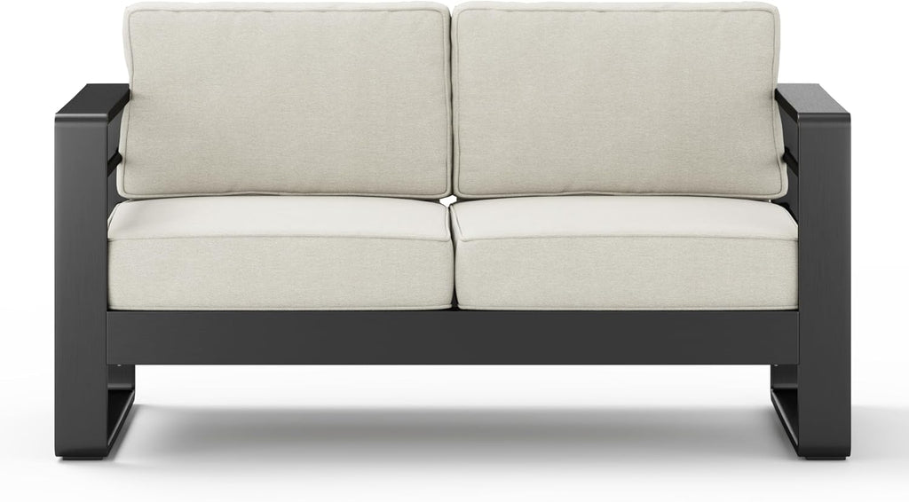 Christopher Knight Home Dessa Patio Loveseat, Aluminum Couch, 2 Seater Sofa, Stable Aluminum Frame Armchair, Spacious Seating, Outdoor Loveseat with Cushions for Backyard Garden Balcony, Black+Beige