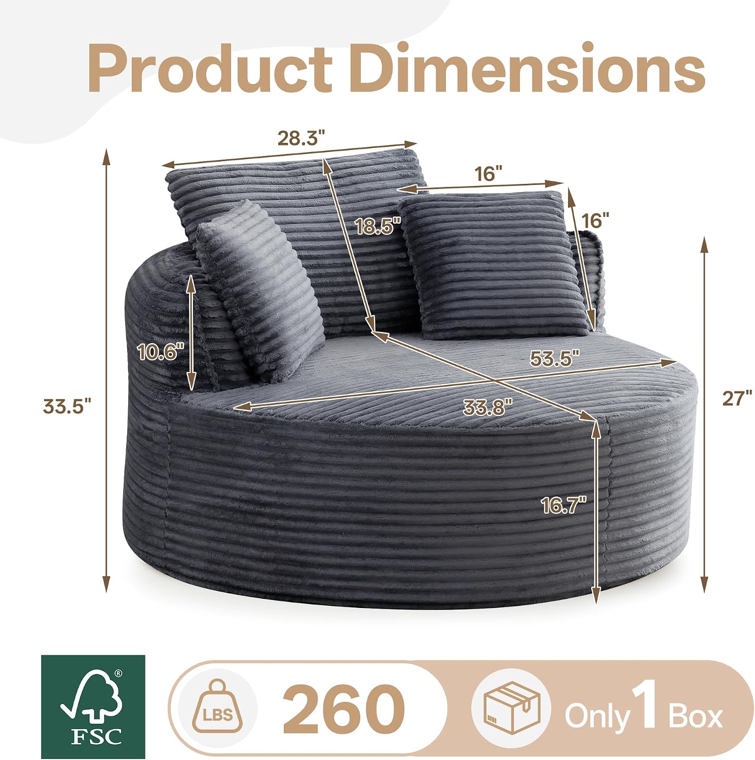53.5' Oversized Round Chaise Lounge Chair, Modern Corduroy Compressed Cloud Circle Sofa, No Assembly Required Boneless Floor Chair with Pillows, Comfy Lazy Sleeper for Living Room,Gray