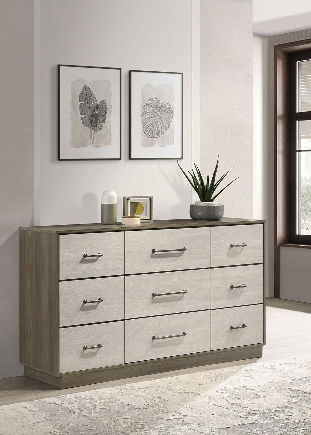 Coaster Home Furnishings - Fenwick - Engineered Wood - 9-Drawer Dresser with Contemporary Style, Two-Tone Design, Hidden Jewelry Drawer, Antique Nickel Handles - Bedroom - Grey Oak - 224983