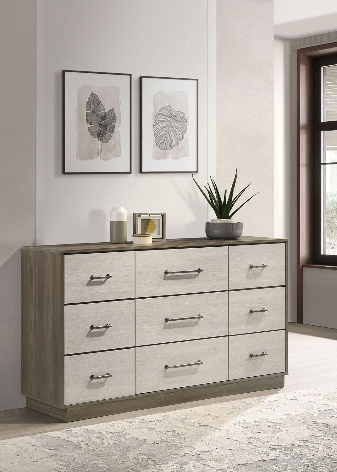 Coaster Home Furnishings - Fenwick - Engineered Wood - 9-Drawer Dresser with Contemporary Style, Two-Tone Design, Hidden Jewelry Drawer, Antique Nickel Handles - Bedroom - Grey Oak - 224983