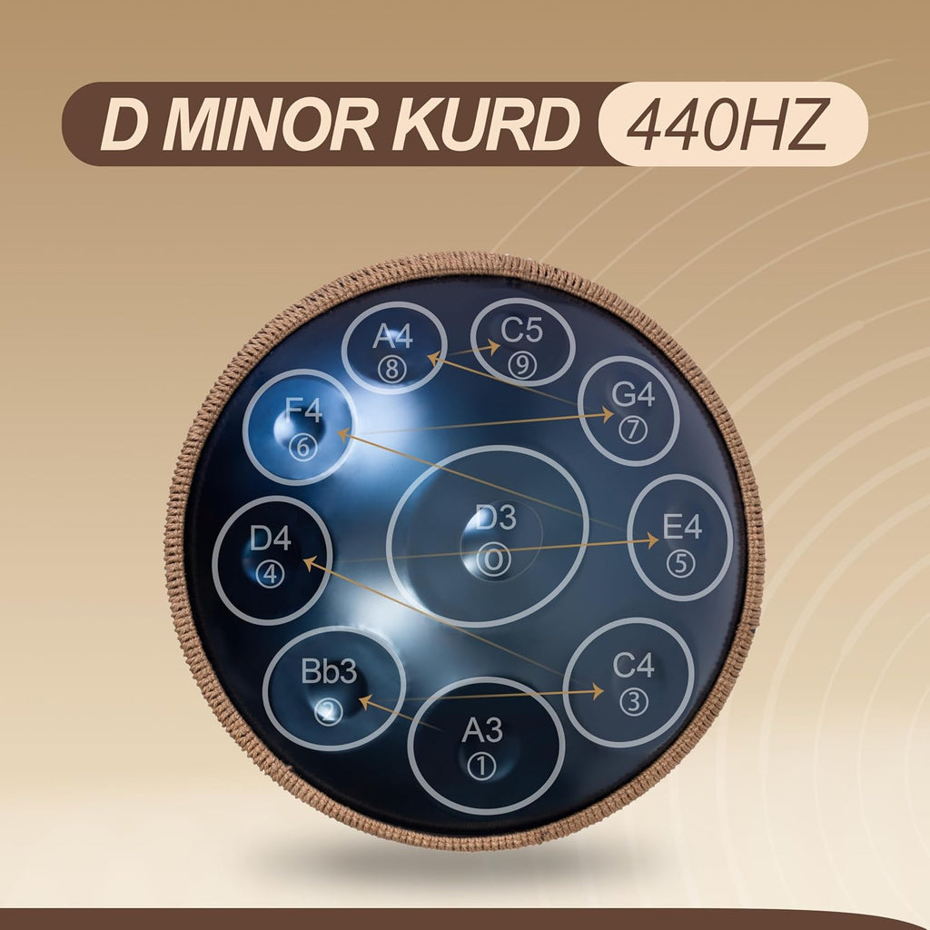 Handpan Drum - 22-Inch 10-Note D Kurd 440Hz - Hand Tuning Handpan - Includes Soft Bag, Mallets, Stand, Note Stickers, Cleaning Cloth - Artist Performance Video