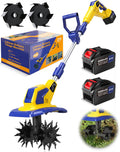 21V Cordless Tiller Cultivator, 720RPM Electric Garden Tiller, with 2 * 6.0Ah Batteries & Charger, 1 * Soil Tilling Blade and 1 * Weed Removal Blade for Lawn/Gardening/Soil Cultivation (Yellow)