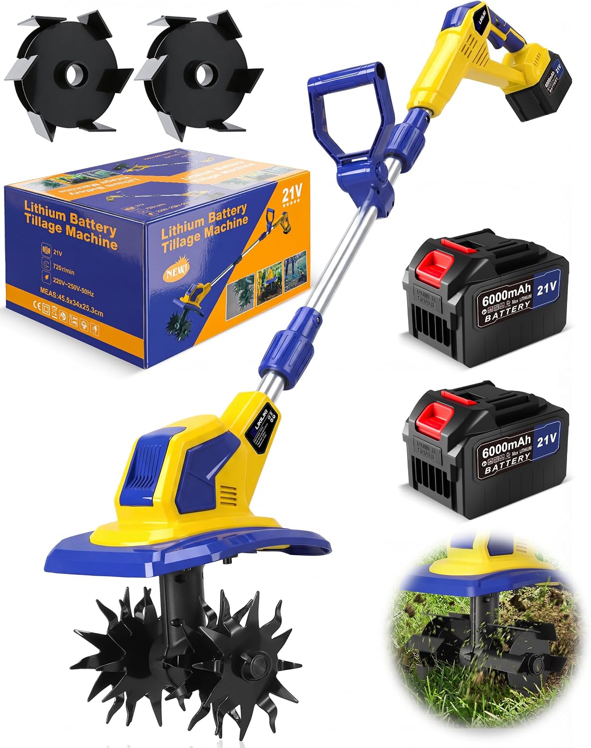 21V Cordless Tiller Cultivator, 720RPM Electric Garden Tiller, with 2 * 6.0Ah Batteries & Charger, 1 * Soil Tilling Blade and 1 * Weed Removal Blade for Lawn/Gardening/Soil Cultivation (Yellow)