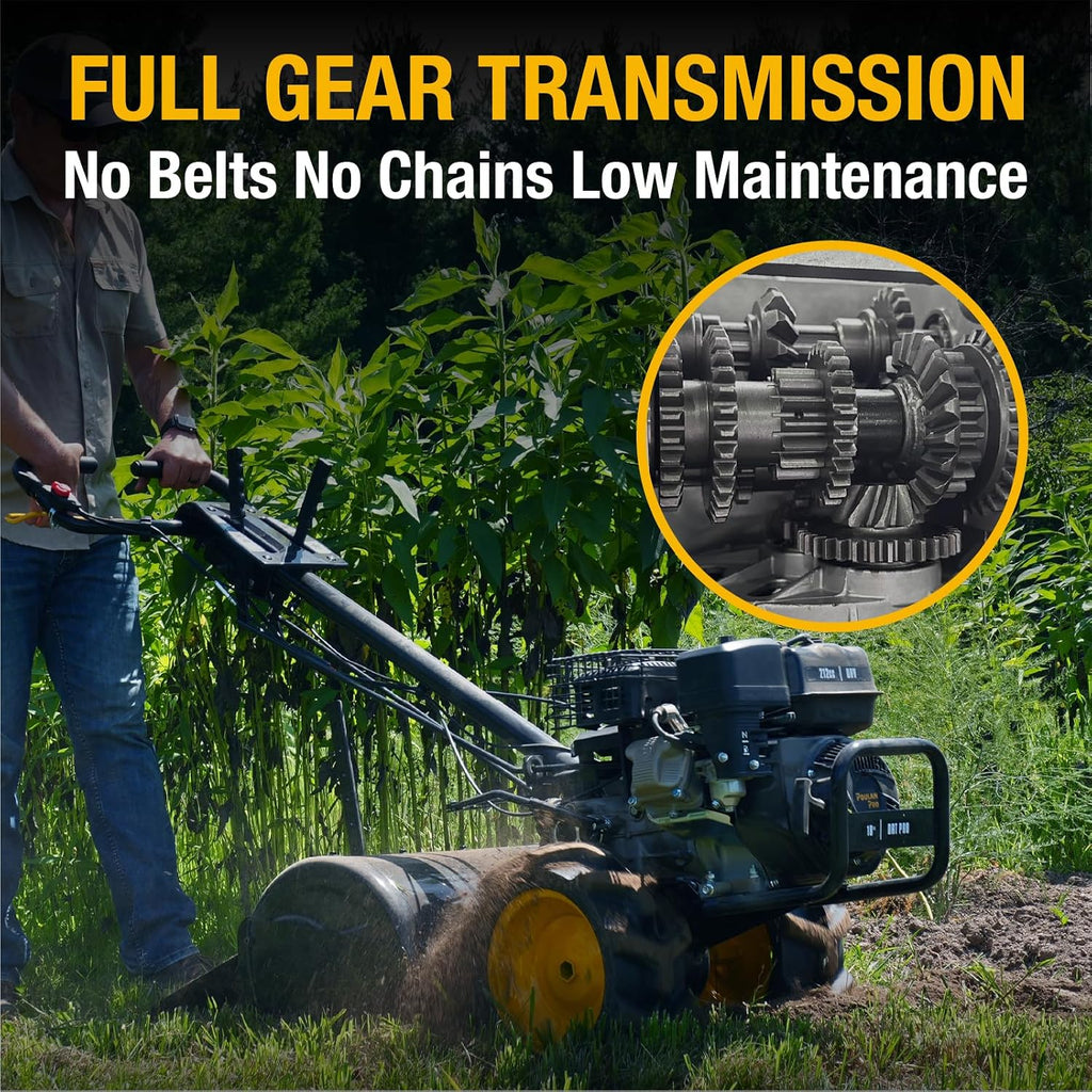 Poulan Pro Dual Direction Rear Tine Tiller, 212cc 4 Cycle Gas Engine, Full Gear Transmission, Dual Rotating Tines, Airless Tires, Instant Reverse 18 Inch Gas Tiller for Gardon and Farm
