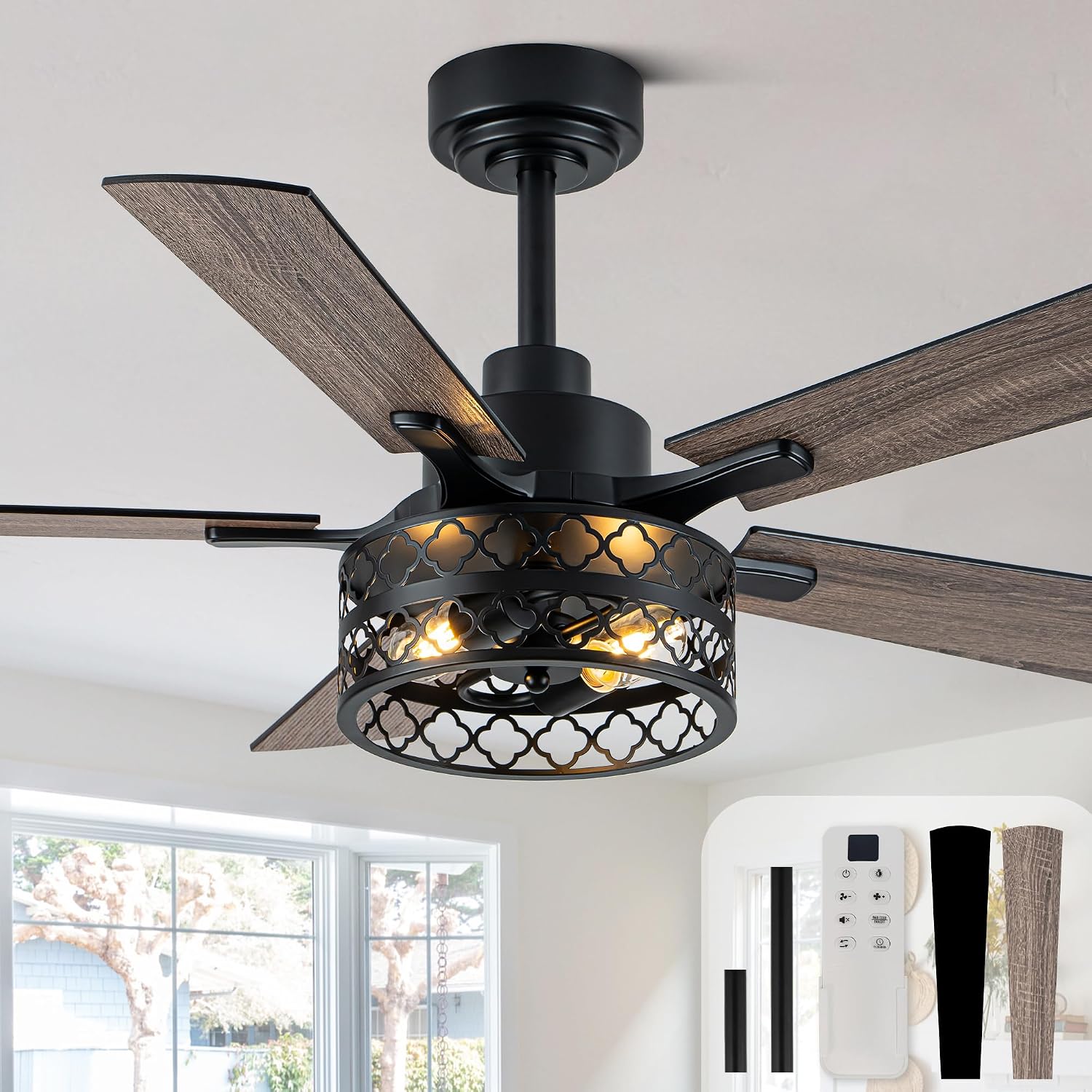 Bella Depot 46' Ceiling Fan with Light Farmhouse Caged Chandelier Fan with Remote Vintage Rustic Indoor Fandelier with Silent Motor for Dining Living Room Bedroom, (Bulbs not Included)