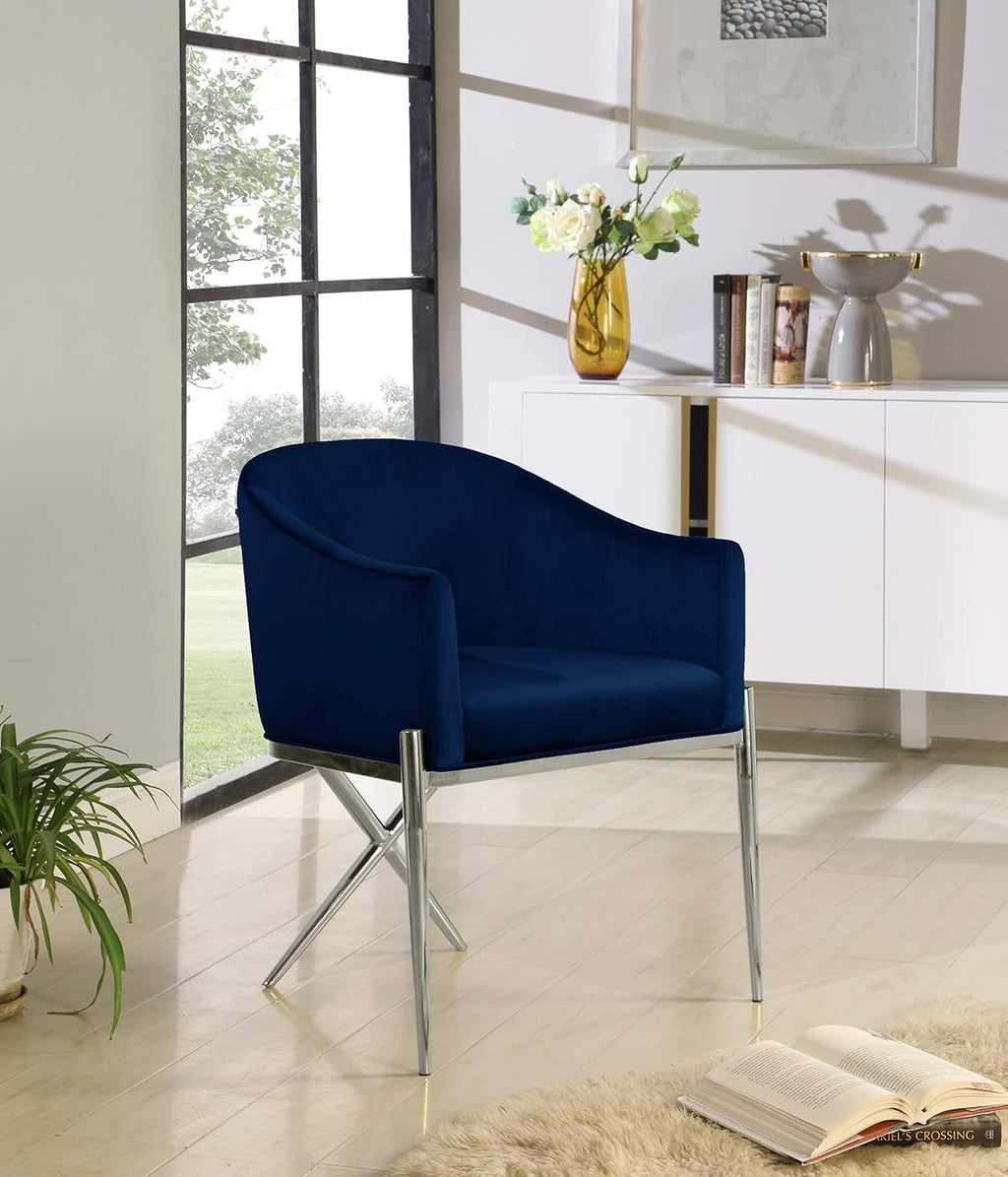 Meridian Furniture Xavier Collection Modern | Contemporary Velvet Upholstered Dining Chair with Sturdy Steel X Shaped Legs, 25.5' W x 24.5' D x 31.5' H, Navy