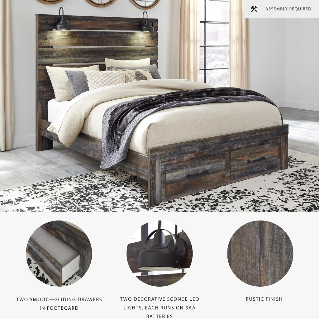 Signature Design by Ashley Drystan Queen Panel Bed with Storage Drawers, Built-in USB & LED Sconce Lights, Engineered Wood, for Master Bedroom Suites, Rustic Brown, Queen