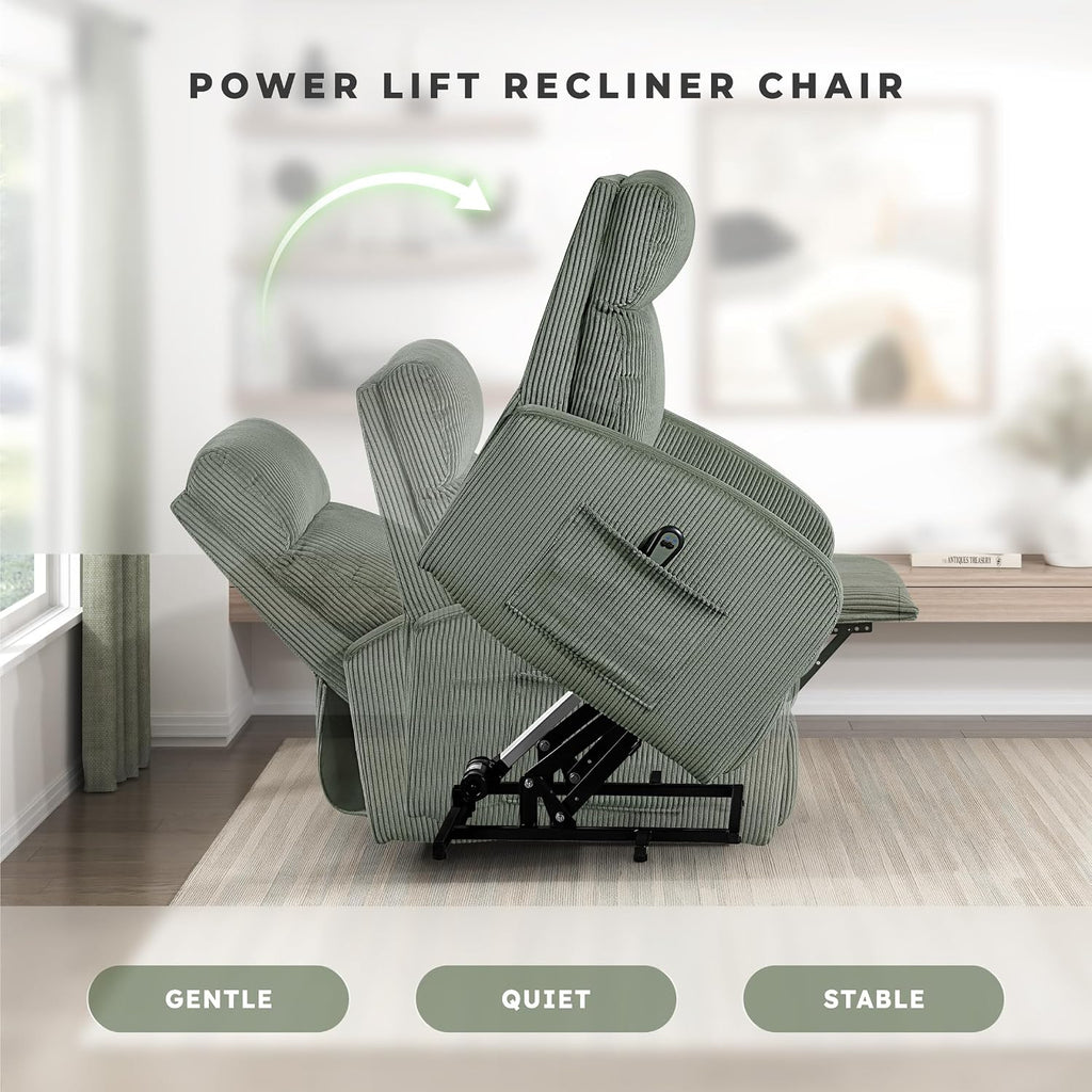 Lexicon Power Lift Recliner Chair for Elderly with Remote Control, Gentle Lift Motion, Side Pocket Armrest, Corduroy Upholstered Electric Recliner for Living Room/Bedroom, Easy Assembly, Green