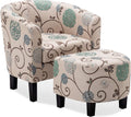 BELLEZE Accent Ottoman Set, Modern Upholstered Curved Back Chair, Barrel Round Tub Reading Chair and Footrest for Living Room Bedroom - Floral Beige/Linen