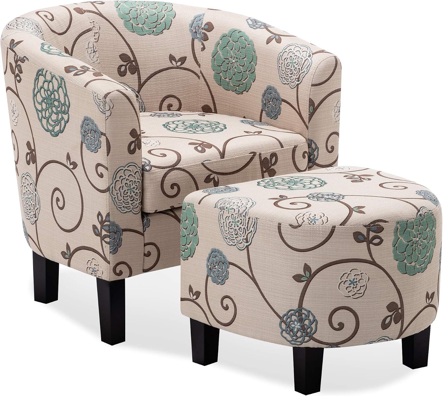 BELLEZE Accent Ottoman Set, Modern Upholstered Curved Back Chair, Barrel Round Tub Reading Chair and Footrest for Living Room Bedroom - Floral Beige/Linen