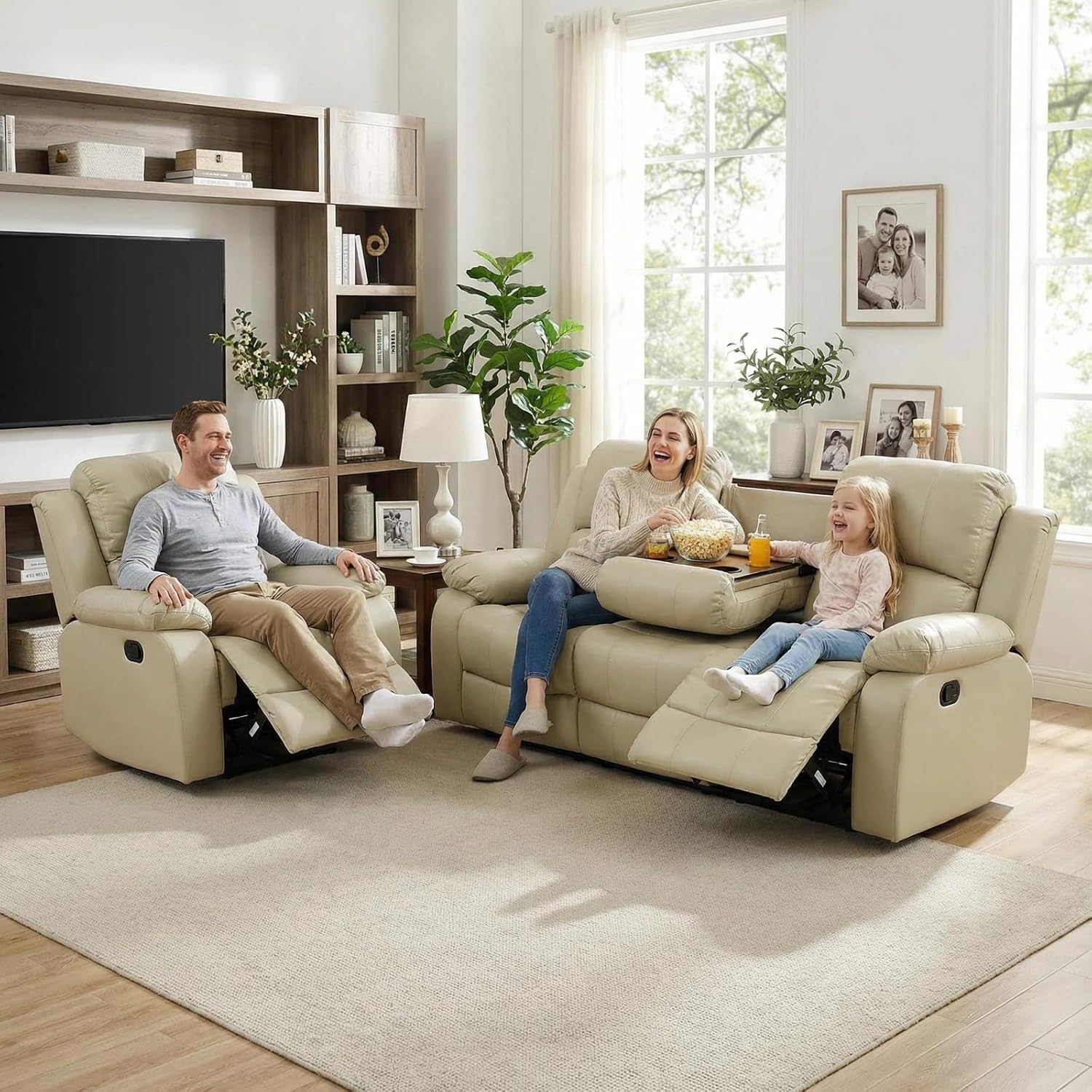 Leather Manual Recliner Sofa Set, Adjustable Backrest Reclining Loveseat Sofa & Recliner Chair, Comfortable Reclining Seats for Home Theater, Apartment, Beige