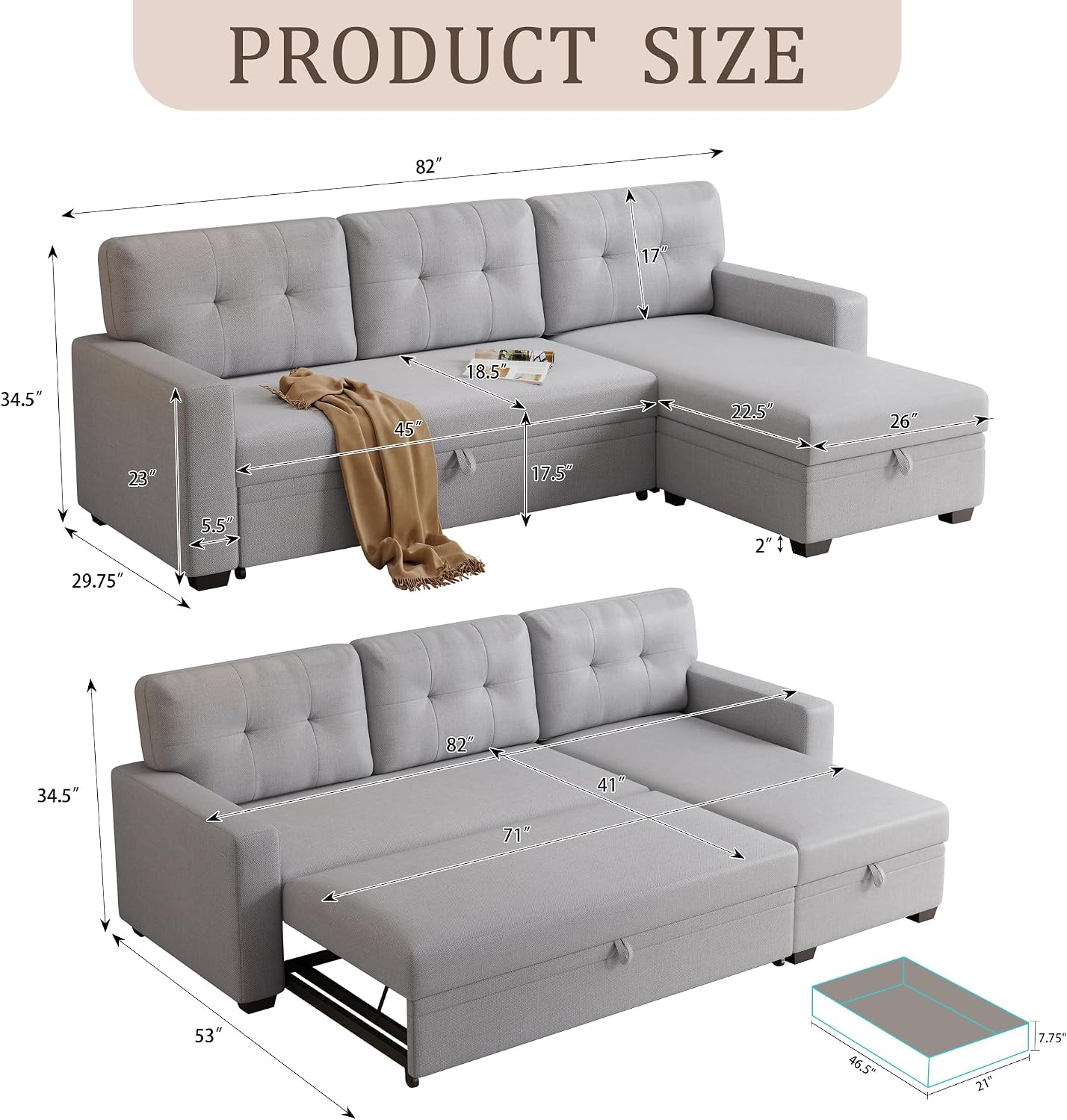 82' L-Shape Convertible Sleeper Sectional Sofa with Storage Chaise and Pull-Out Bed,Modular Corner Couch Lounge,w/Removable 3 Back Cushions and Armrest,for Home Furniture,Light Gray