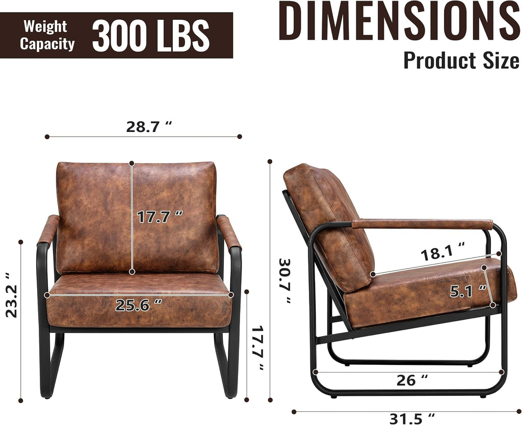 PrimeZone Mid-Century Modern Accent Chair - Comfy Faux Leather Living Room Chair, Lounge Armchair with Extra Soft Padded & Cushion, Ergonomic Accent Chair for Bedroom Office Waiting Room, Brown