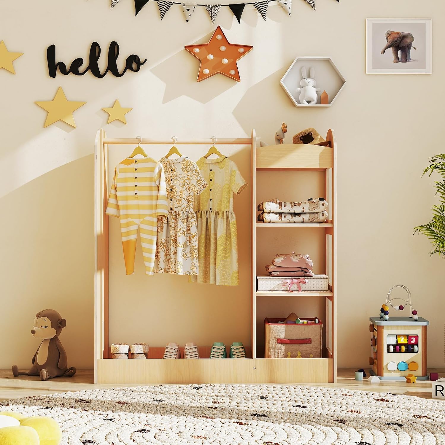Costzon Kids Dress up Storage with Mirror, Clothes Rack, 3-Tier Shelves, Bottom Tray, Pretend Play Costume Dresser Organizer Center, Open Hanging Armoire Closet for Little Girls (Natural)