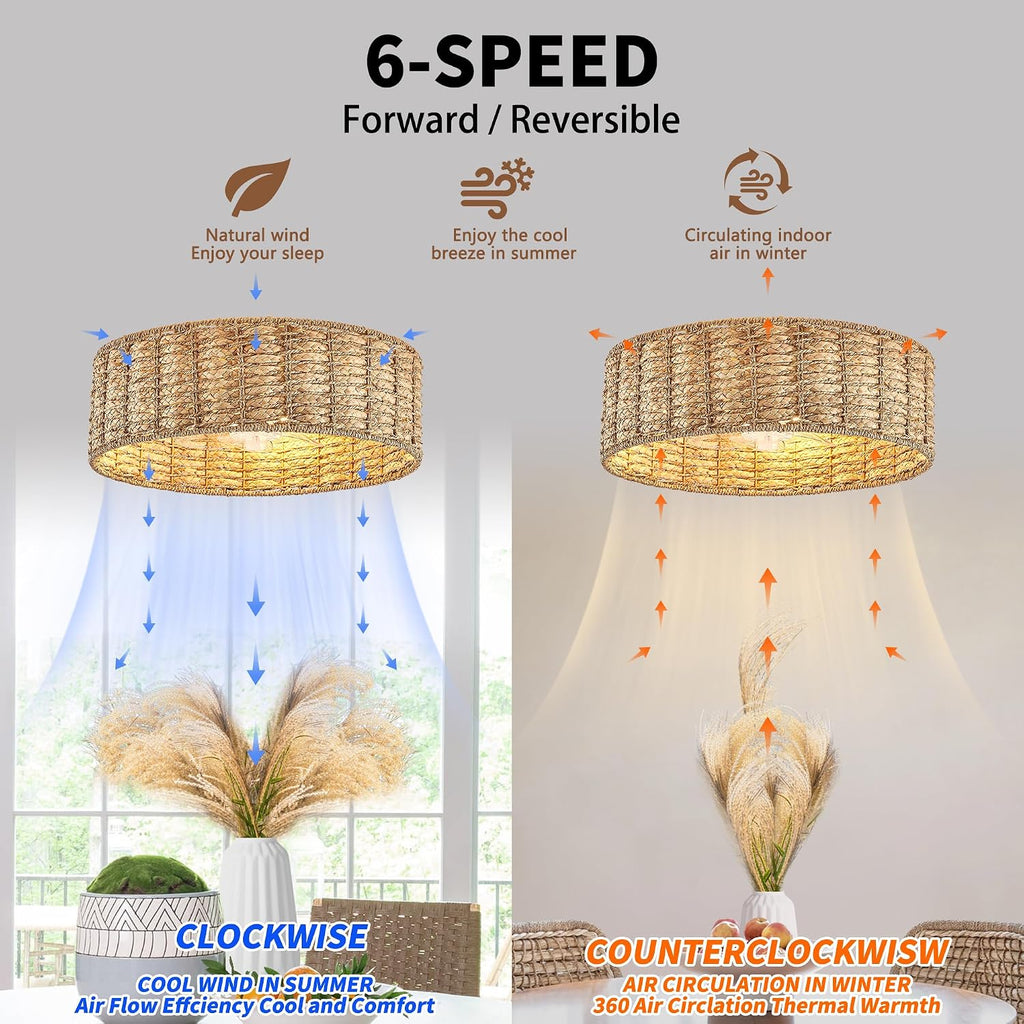 20' Fandelier Rattan Boho Ceiling Fans ，Rattan chandelier，Boho， Remote Control, 6 Speeds, Handwoven，also has 1 hour/2 hours/4 hours timer off function，for Bedroom, Living Room, Dining Room, Yoga Room