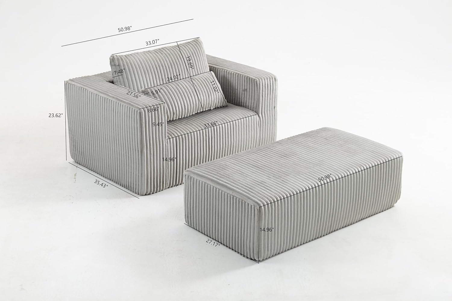 GDFStudio Full-Foam Boneless Sofa with Ottoman, Compressed Cloud Sofa Bed Single Chaise Lounger Small Couches for Small Spaces Bedroom Living Room, Modern Couch Recliner Corduroy Furniture, Smoke Grey