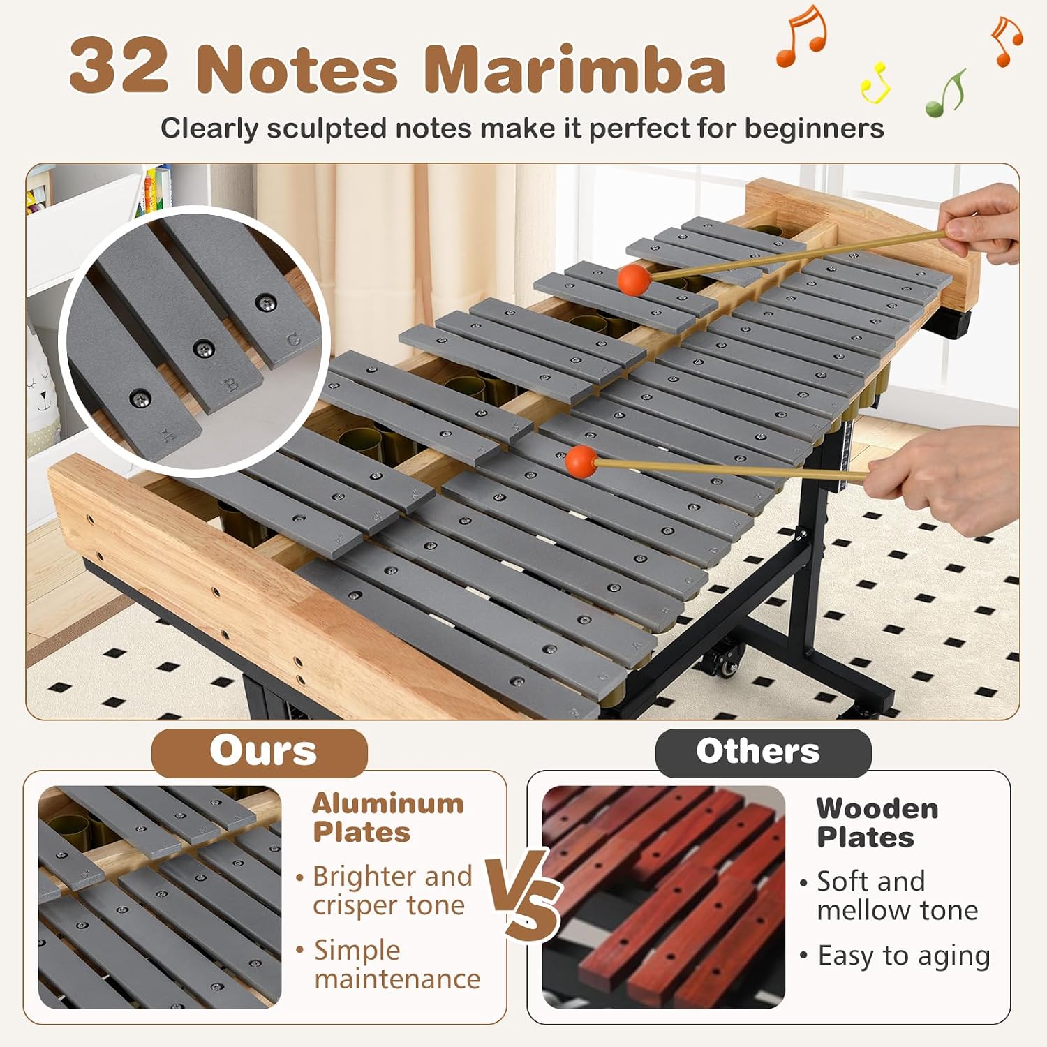 Costzon 32 Note Marimba, Aluminum Xylophone with Rubber Wood Base & Resonance Tubes, 32-Key Professional Glockenspiel with Mallets, Adjustable Stand & Lockable Wheels for Beginners, Students & Adults