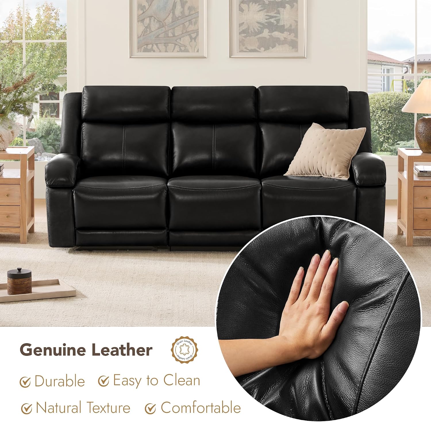 Watson & Whitely Genuine Leather Power Recliner Sofa, 3 Seater Wall Hugger Reclining Sofas with Power Headrest, USB & TypeC Ports, Electric Recliner Couch Set for Living Room, Black