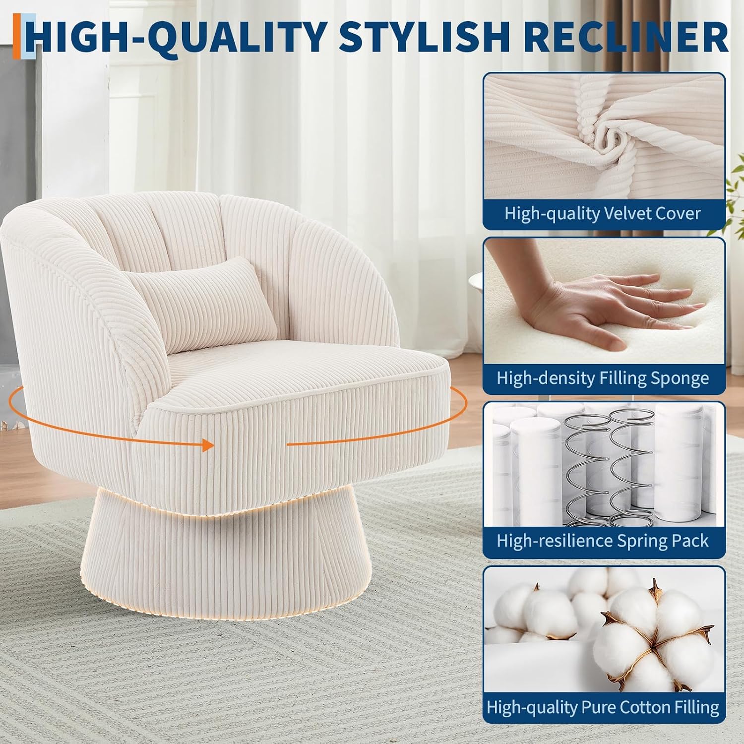 GAOMON Modern Swivel Barrel Accent Chair, 360° Corduroy Upholstered Armchair with Striped Backrest & Plush Padding, Comfy Round Lounge Chair for Living Room, Bedroom, Reading Nook - Beige