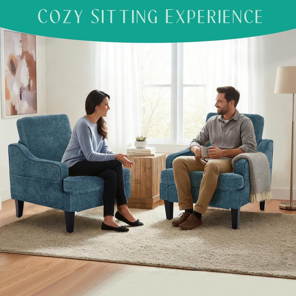 Modern Accent Chairs Set of 2 Upholstered Reading Chair for Bedroom with Side Pockets Comfy Living Room Chairs Living Room Armchair for Office, Apartment (Blue Chenille)