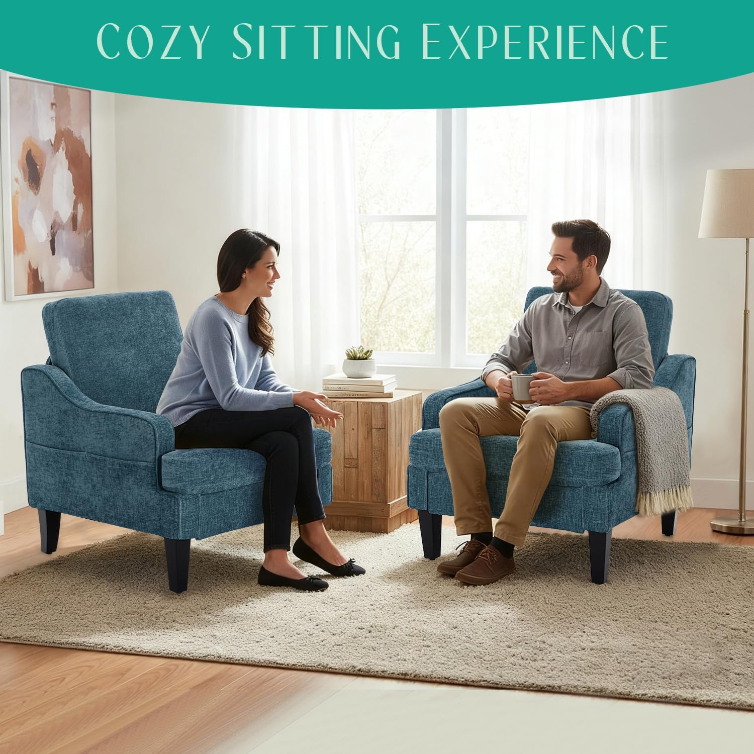 Modern Accent Chairs Set of 2 Upholstered Reading Chair for Bedroom with Side Pockets Comfy Living Room Chairs Living Room Armchair for Office, Apartment (Blue Chenille)