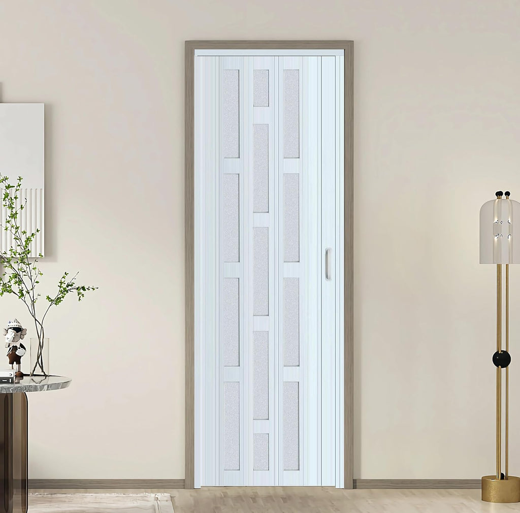 DIYHD 32X80in Glass Accordion Door with Latch&Handle, Double-Layer Thickened PVC Folding Interior Door with Frosted Acrylic - Blocks Views, Lets Light In, Easy Install for Closet, Utility&Room Divider