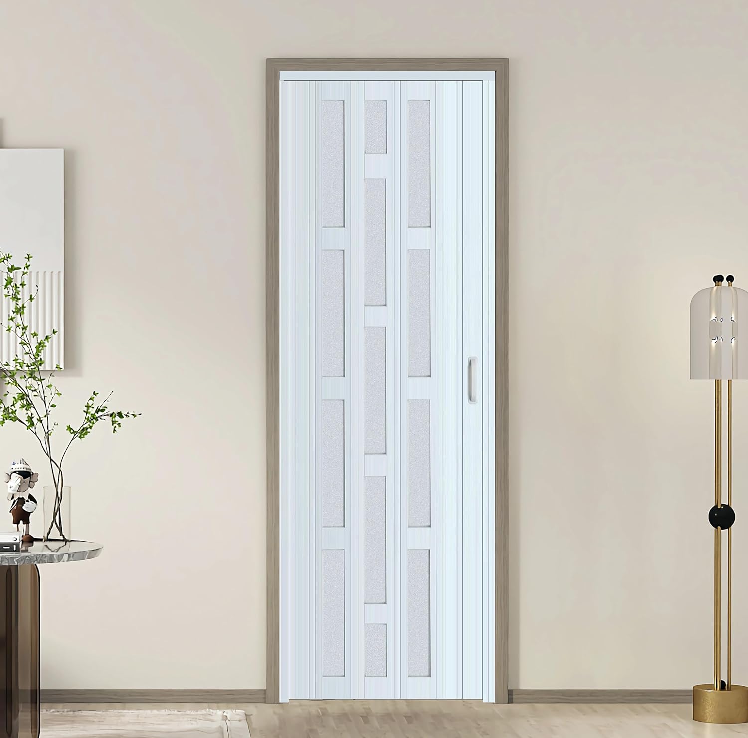 DIYHD 32X80in Glass Accordion Door with Latch&Handle, Double-Layer Thickened PVC Folding Interior Door with Frosted Acrylic - Blocks Views, Lets Light In, Easy Install for Closet, Utility&Room Divider