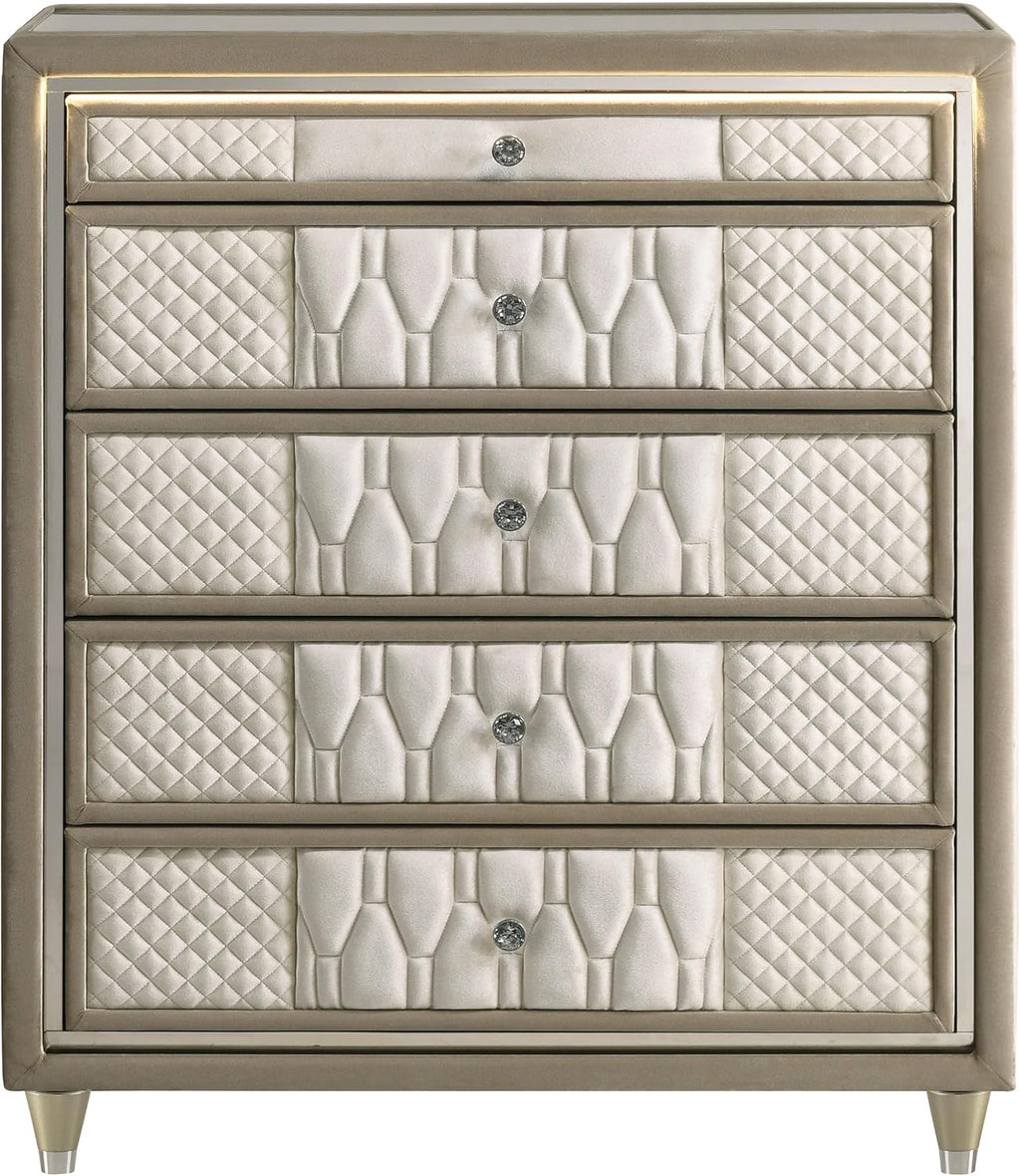 Coaster Home Furnishings - Lorient - Wood and Velvet - 5-Drawer Chest with Built-in LED Lighting, Crystal Knobs and English Dovetail Joinery - Bedroom - Ivory and Camel - 222665