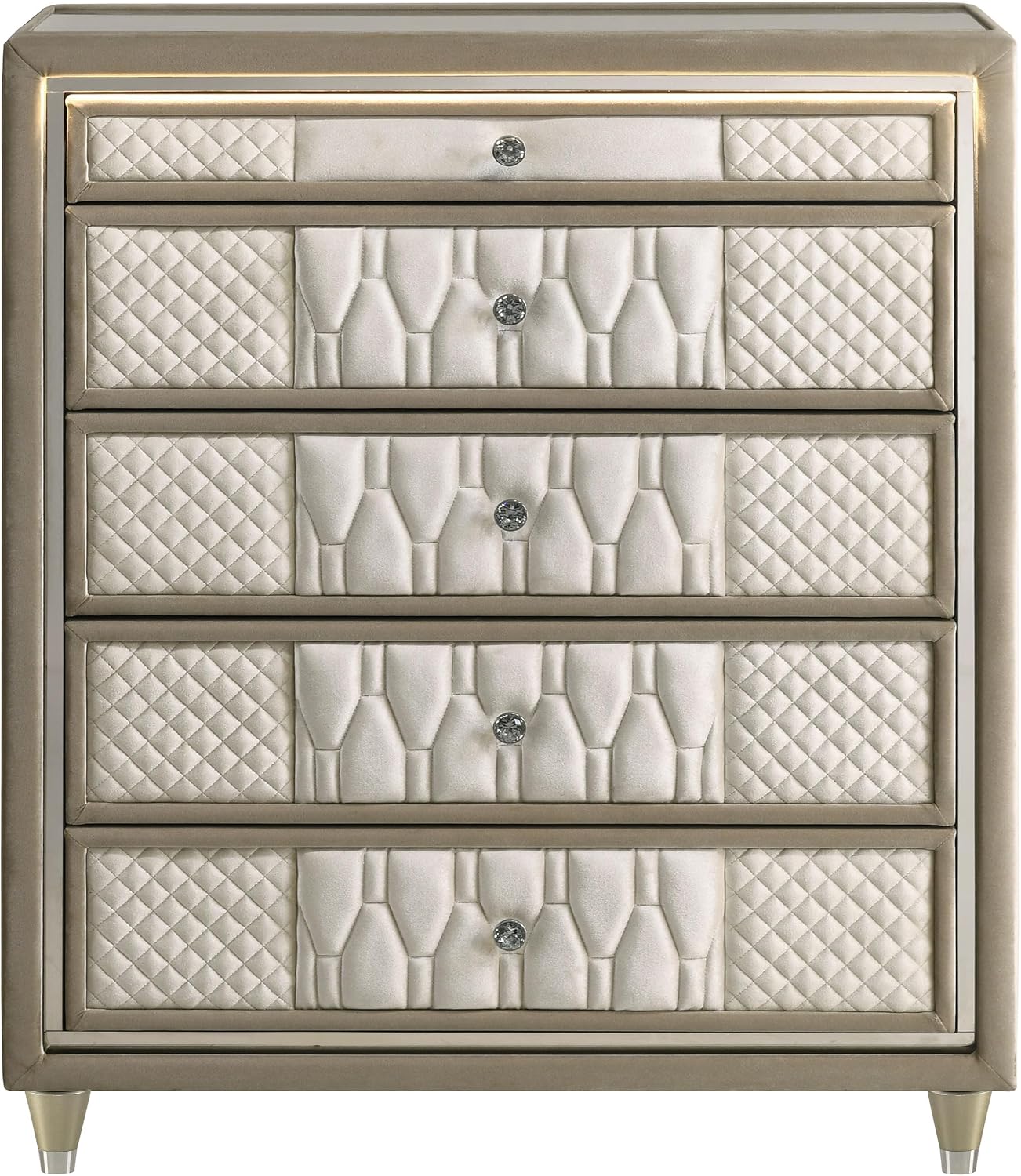Coaster Home Furnishings - Lorient - Wood and Velvet - 5-Drawer Chest with Built-in LED Lighting, Crystal Knobs and English Dovetail Joinery - Bedroom - Ivory and Camel - 222665