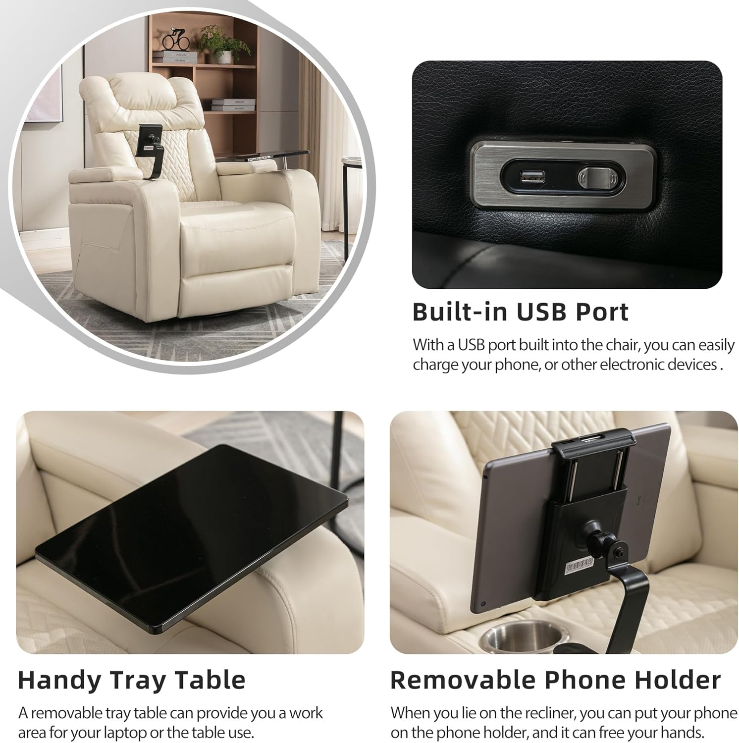 Ball & Cast Power Recliner Chair,270 Degree Swivel PU Leather Home Theater Seating for Living Room,Soft Individual Chair with Tray Table, Phone Holder,Cup Holder,USB Port,Hidden Arm Storage,White