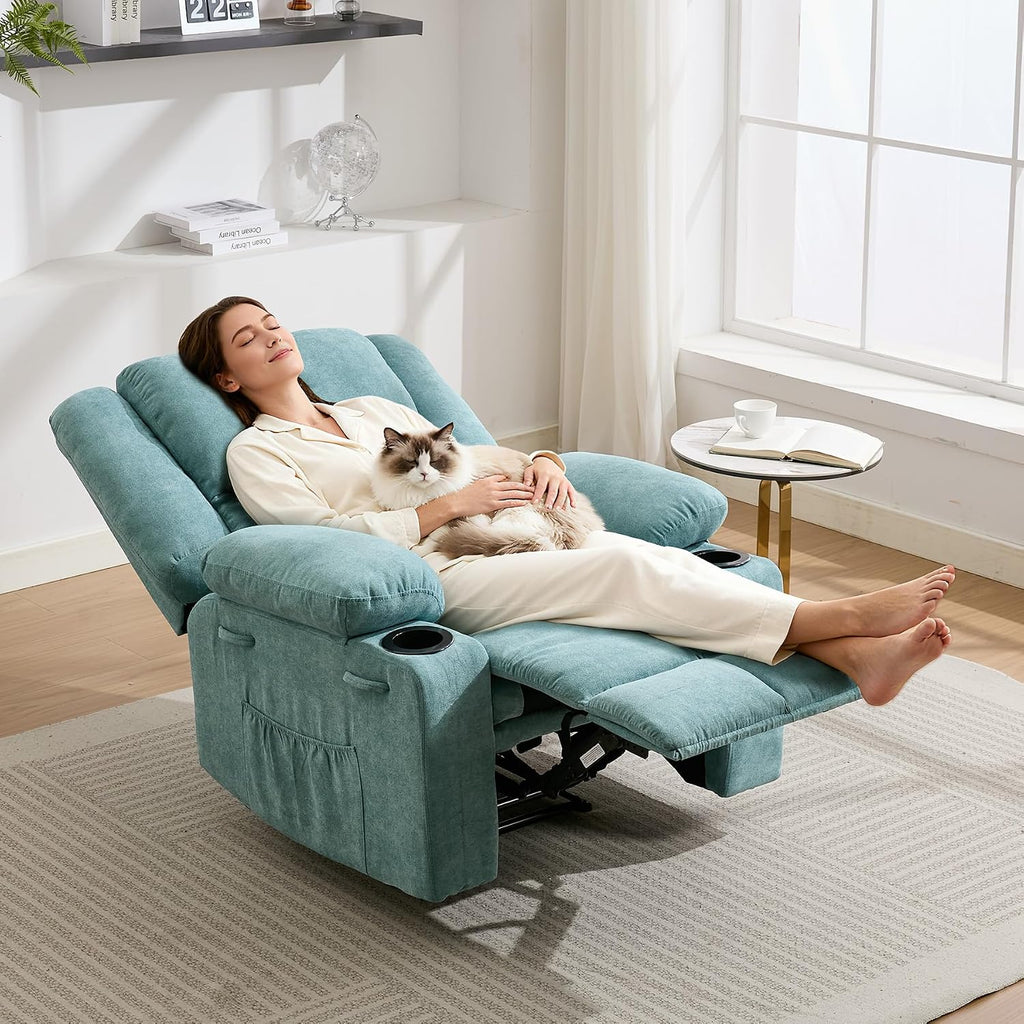Manual Recliner Chair with Heating & Massage,Ergonomic Overstuffed Breathable Fabric Reclining Chair with Side Pockets,Q235 Steel Frame Lazy Boy Recliner Single Sofa for Living Room Bedroom
