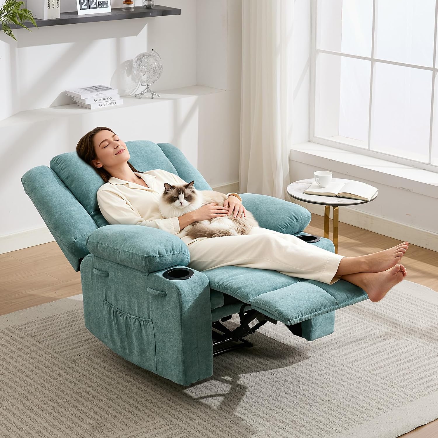Manual Recliner Chair with Heating & Massage,Ergonomic Overstuffed Breathable Fabric Reclining Chair with Side Pockets,Q235 Steel Frame Lazy Boy Recliner Single Sofa for Living Room Bedroom