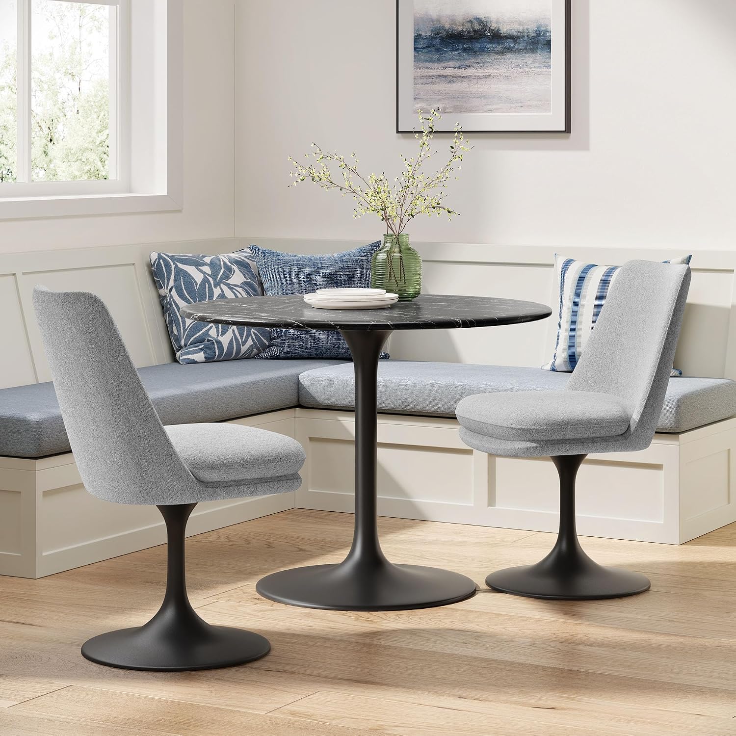 Modway Lippa Upholstered Swivel Dining Side Chair in Black Light Gray - Armless Woven Heathered Fabric Accent Chair with Pedestal Base - 360° Office Desk Rotating Chair with No Wheels