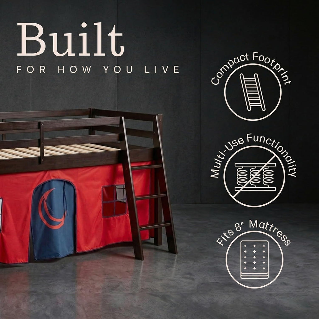 Alaterre Furniture Roxy Low Loft Bed Twin Size Frame with Tent - Solid Wood Loft Bed with Safety Guardrails, Inclined Ladder and Play Tent - No Box Spring Needed, Easy Assembly (Espresso & Red)