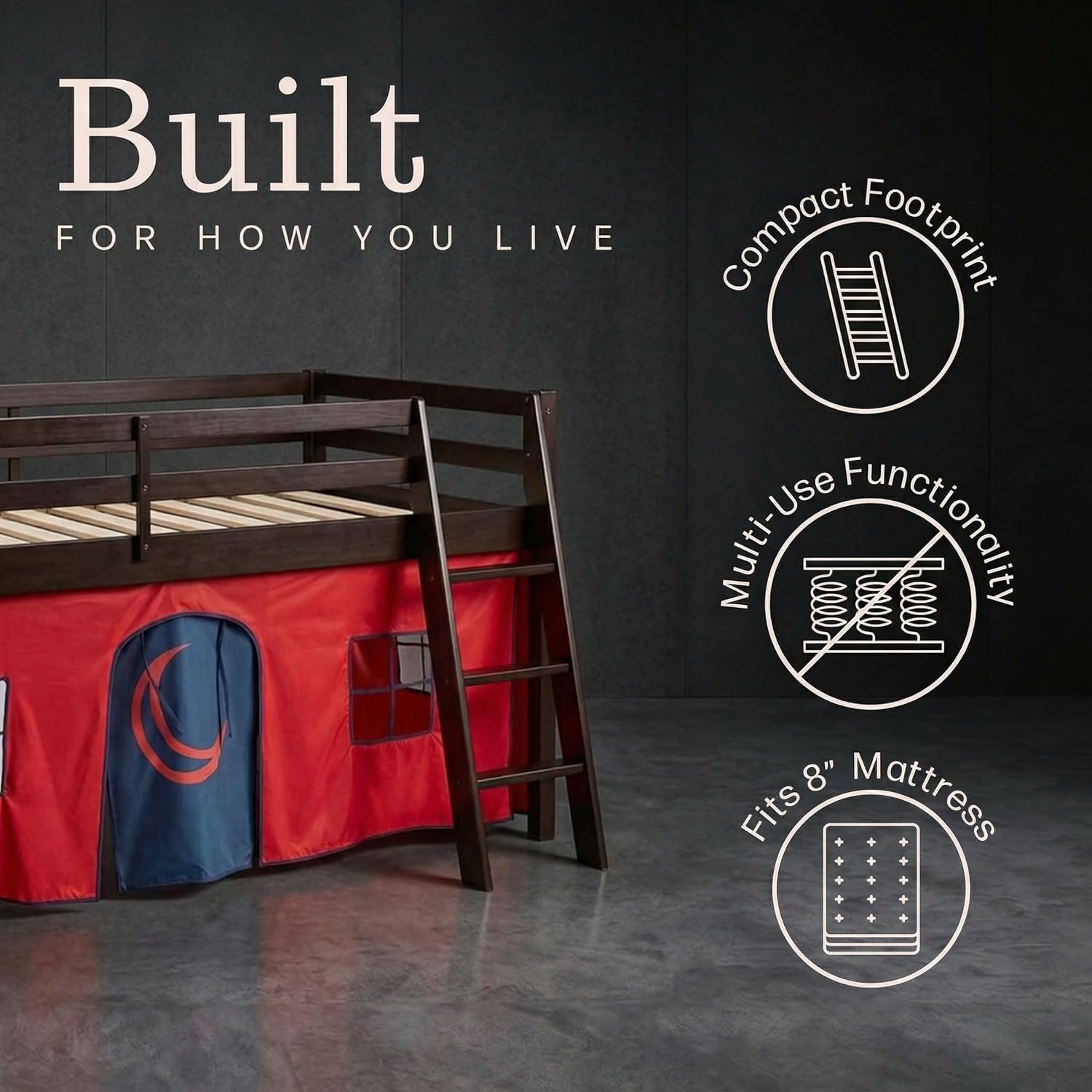 Alaterre Furniture Roxy Low Loft Bed Twin Size Frame with Tent - Solid Wood Loft Bed with Safety Guardrails, Inclined Ladder and Play Tent - No Box Spring Needed, Easy Assembly (Espresso & Red)