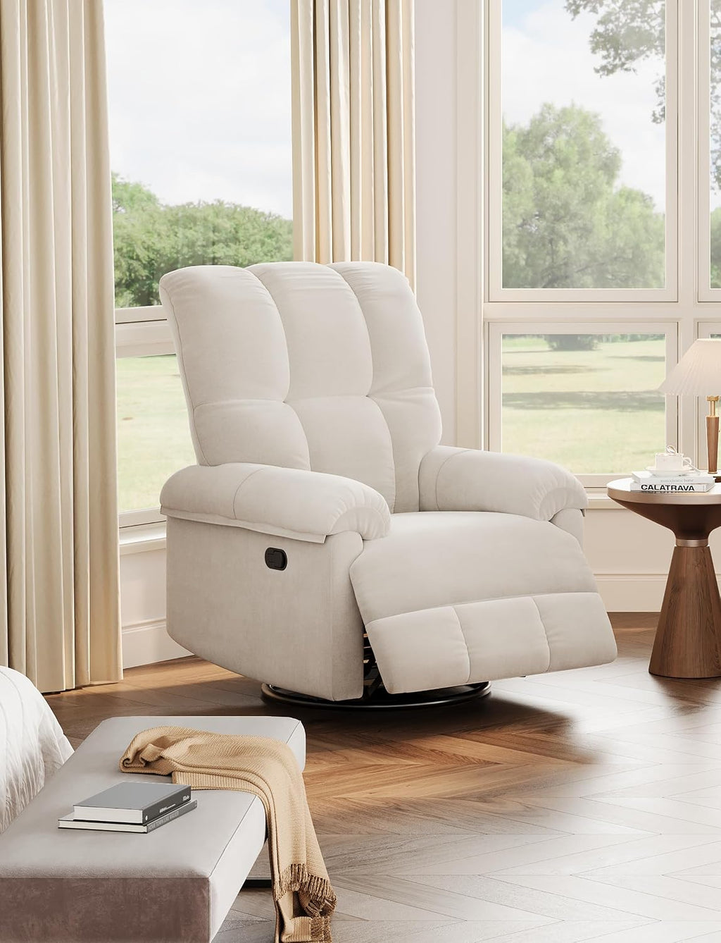 GarveeHome Recliner Chair, 360° Swivel Rocker Glider Nursery Chair with Padded Armrest and Deep Seat, Chenille Upholstered Reclining Sofa Chair for Living Room, Bedroom and Nursery(Cream)