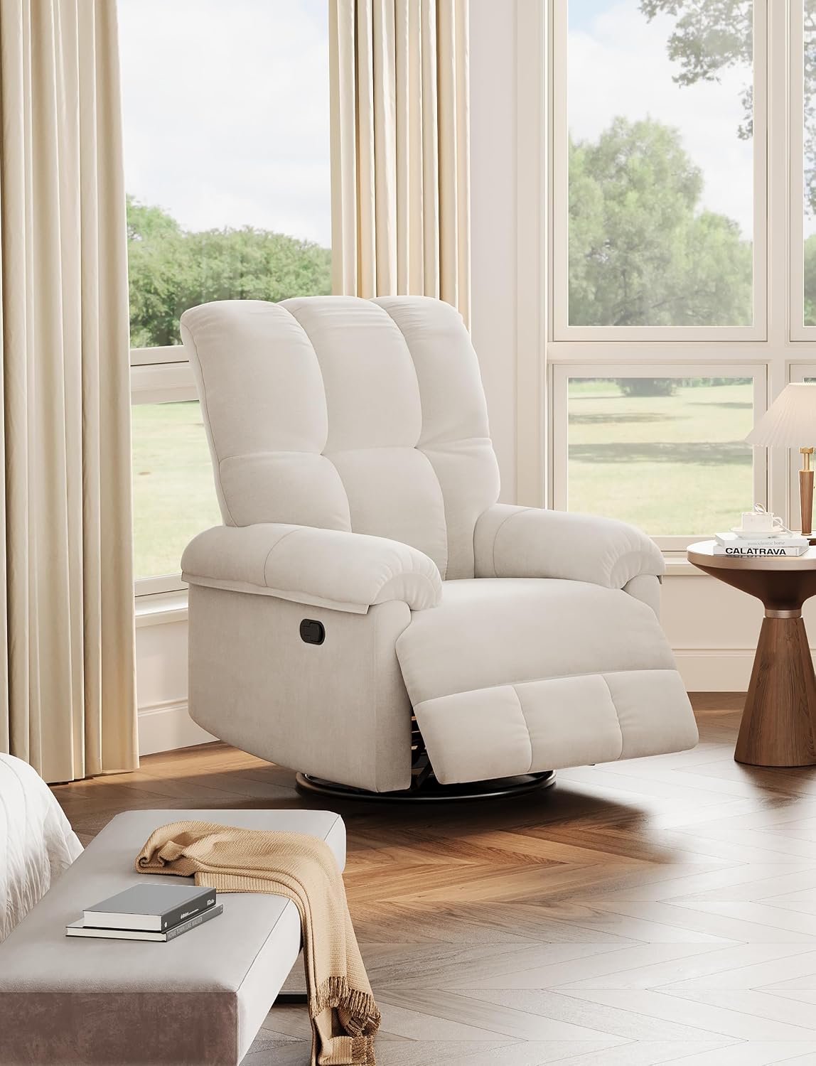 GarveeHome Recliner Chair, 360° Swivel Rocker Glider Nursery Chair with Padded Armrest and Deep Seat, Chenille Upholstered Reclining Sofa Chair for Living Room, Bedroom and Nursery(Cream)