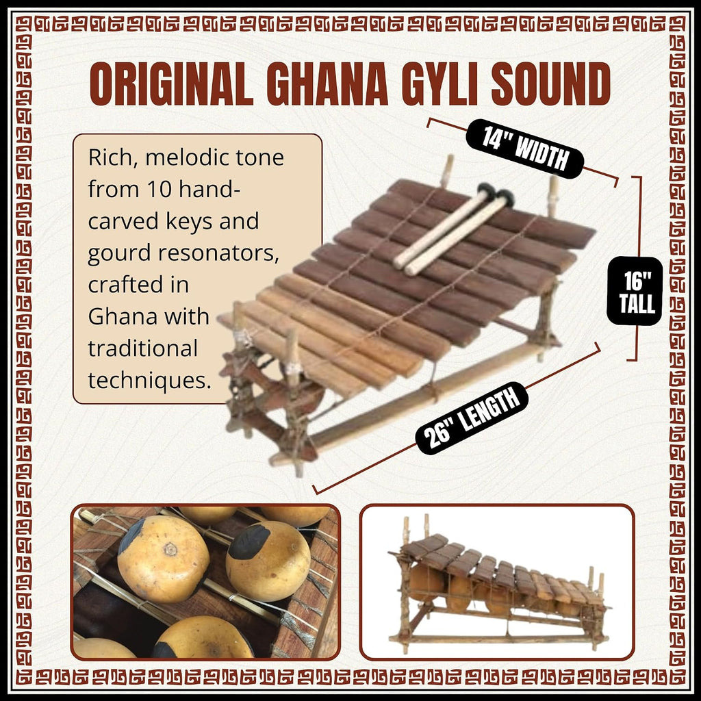 Africa Heartwood Project Classic Heartwood Gyli with Mallets – 10 Key C Pentatonic - African Xylophone Balafon from Ghana, Handcrafted by Village Artisans in Ghana - Key of C-C#