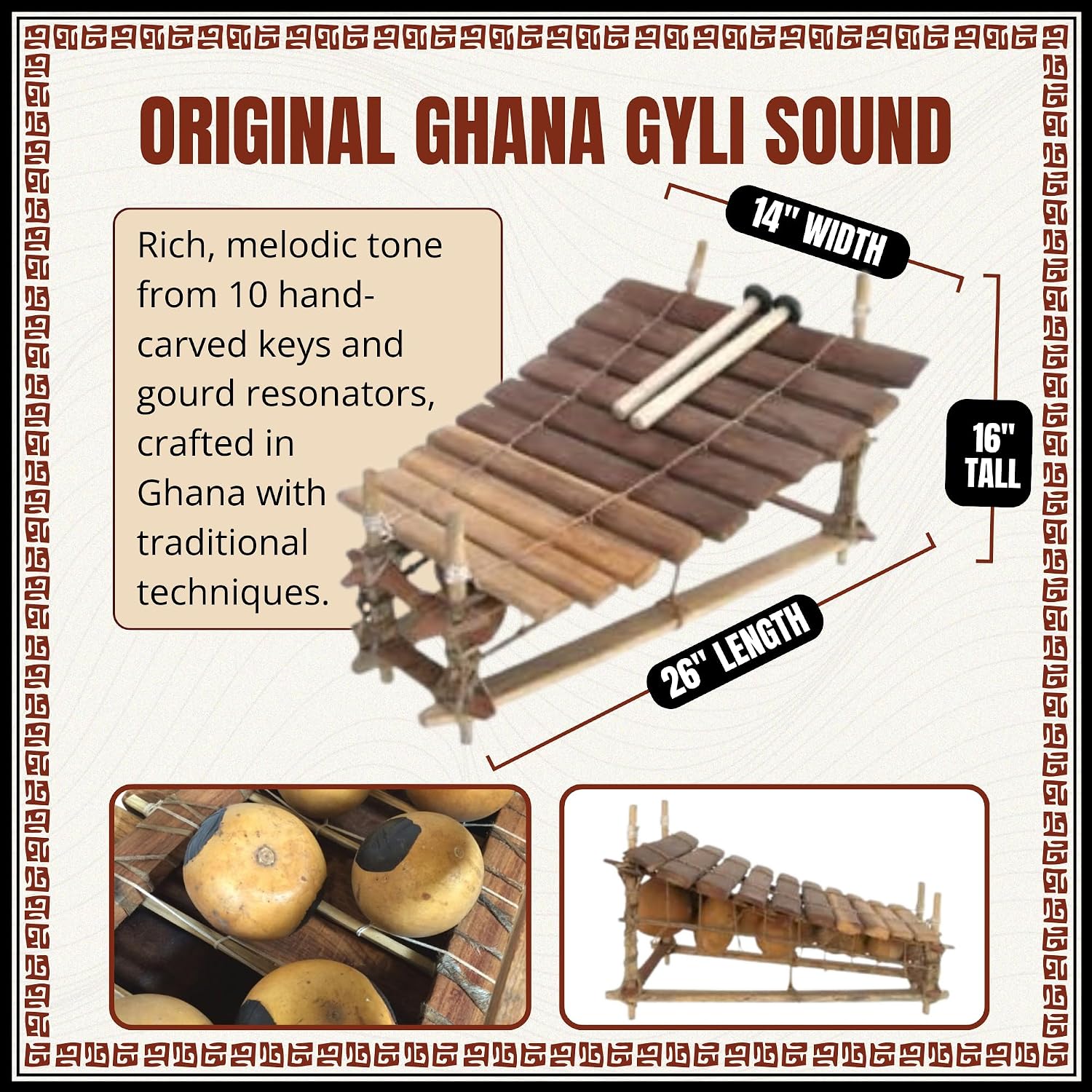 Africa Heartwood Project Classic Heartwood Gyli with Mallets – 10 Key C Pentatonic - African Xylophone Balafon from Ghana, Handcrafted by Village Artisans in Ghana - Key of C-C#
