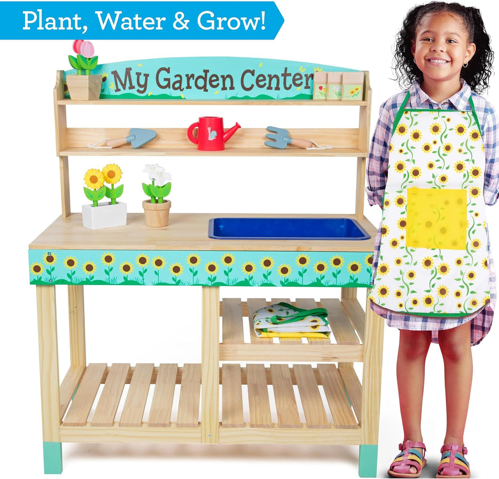 Bloom & Grow Gardening Center Wooden Toy Indoor Playset- 22 Pc Garden Stand Set w Flowers, Seed Packet, Pots Shovel Rake Apron Watering Pot- Interactive Fun Pretend Playtime Activity, Kids Summer Gift