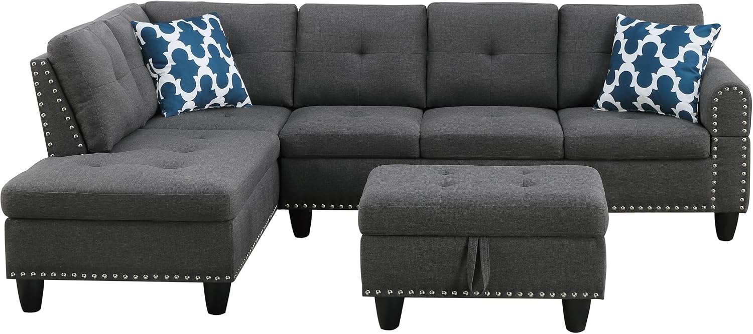 Favfurish L Shape Modular Sectional Sofa with Cup Holders and Storage Ottoman,5-Seater Tufting Upholstered Corner Couch for Living Room,Apartment,Home Furniture Sets,Dark Gray Left Chaise,98 Inch