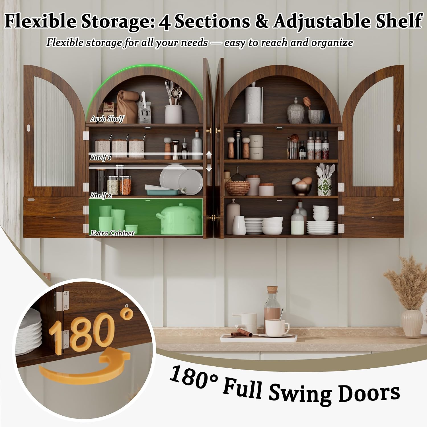 BREEZEHEAT Arched Bathroom Wall Cabinet, Medicine Cabinet Over Toilet Storage w/Fluted Glass Doors & Adjustable Shelf, Wood Hanging Cupboard for Laundry Room, Entryway, Kitchen, Walnut,23.6x33.5 Inch