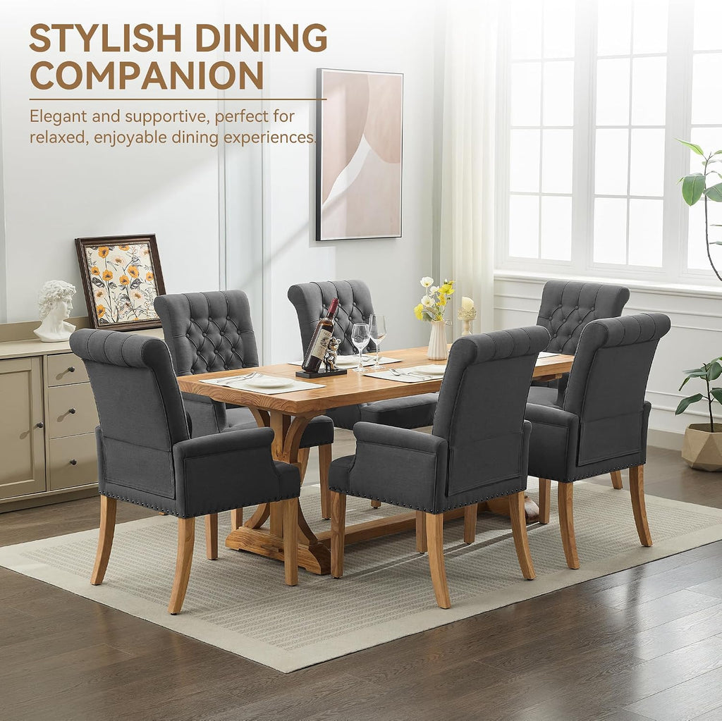 WUTUTUEE Fabric Dining Chair with Arms, Upholstered Tufted High Back Dining Room Chairs, Accent Armchair with Solid Wood Leg and Nailhead Trim, Kitchen Dining Living Room, Dark Grey