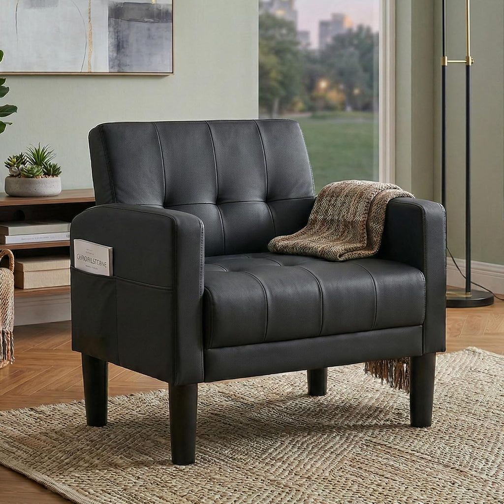TYBOATLE Accent Chair, Living Room Chairs, Cozy Tufted Mid Century Modern Black Accent Chairs with Arms for Bedroom, Comfy Reading Arm Chair,Small Chairs for Small Spaces,Living Room,Office (1, Black)