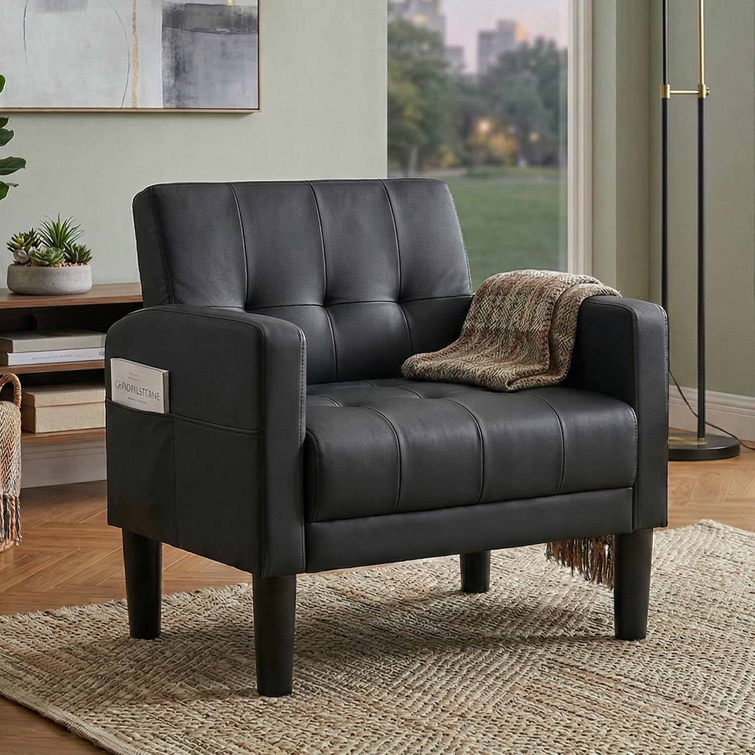 TYBOATLE Accent Chair, Living Room Chairs, Cozy Tufted Mid Century Modern Black Accent Chairs with Arms for Bedroom, Comfy Reading Arm Chair,Small Chairs for Small Spaces,Living Room,Office (1, Black)